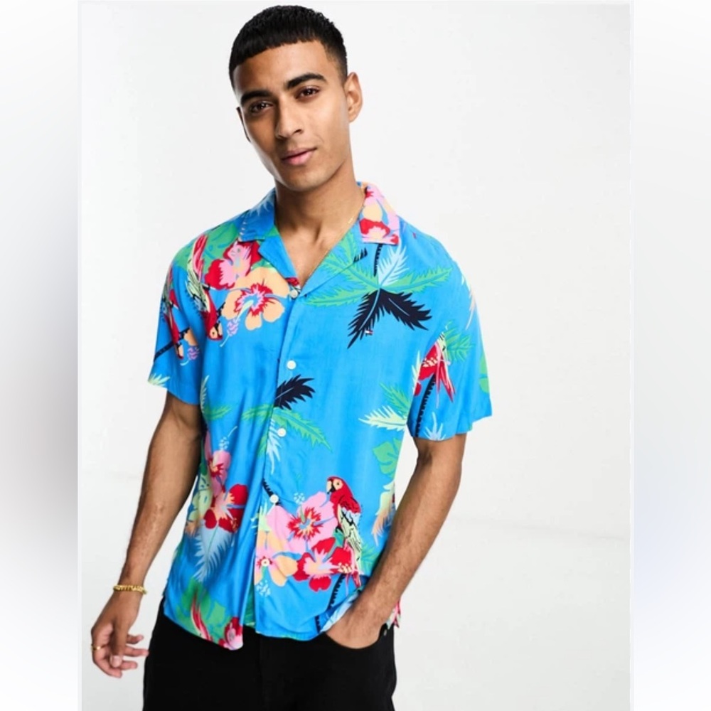 Tommy Hilfiger Blue Floral Hawaiian Parrot Mens Shirt